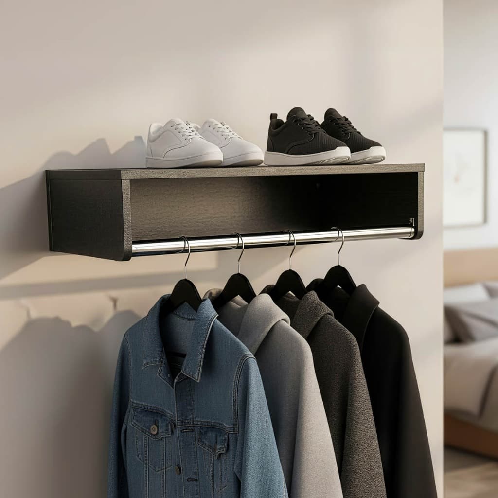 Cabideiro de Parede Suporte para Roupas Arara de Madeira Quarto Closet