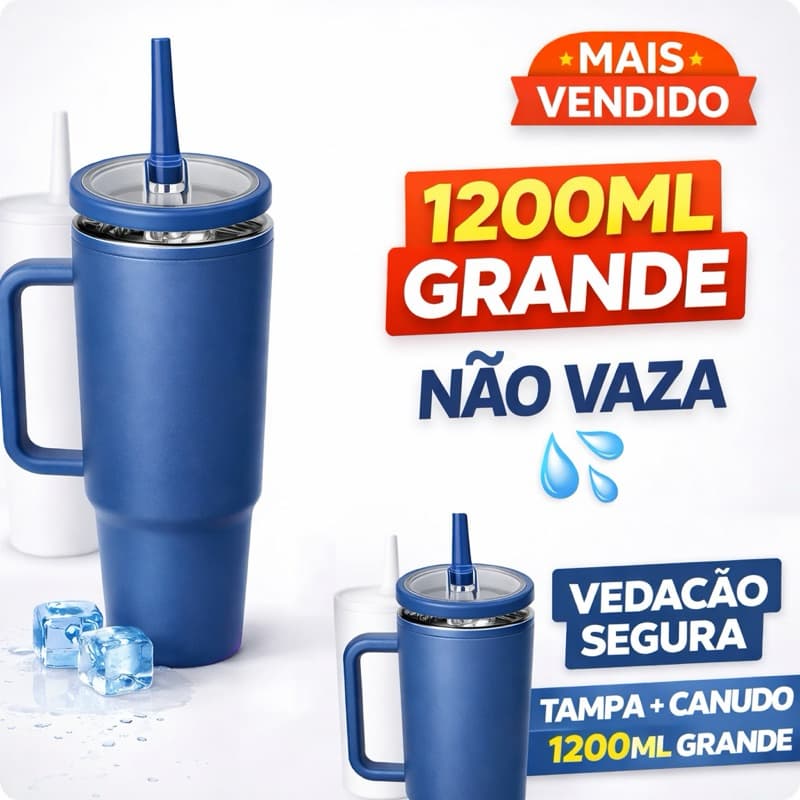 Copo Térmico Garrafa Inox 1200ml com Alça Tampa e Canudo Antivazamento Mantém Quente e Gelado
