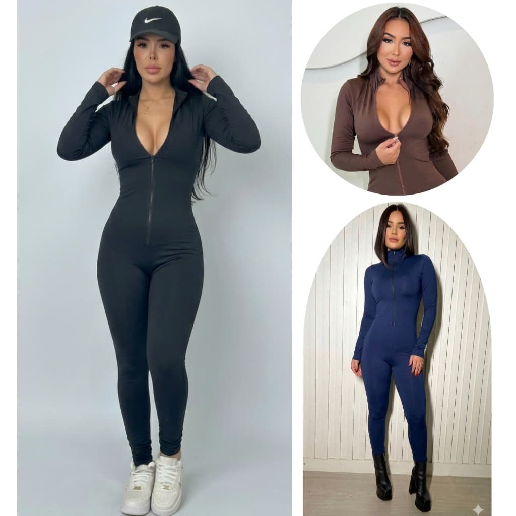 Macacão Feminino Suplex Premium Longo Ziper Moda Gringa Balada Virginia Blogueira Fitnes Academia