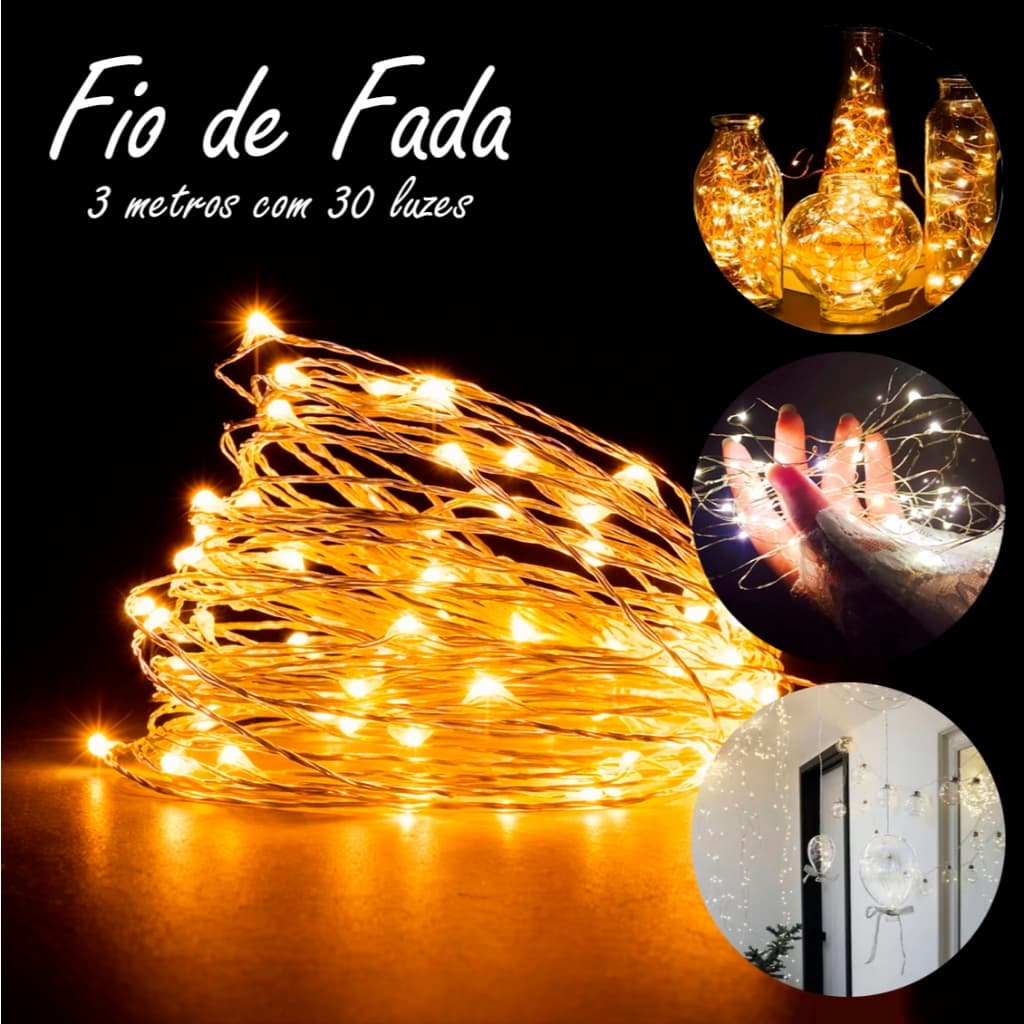 Fio de Fada 3 Metros Luz LED Decoração de Ambientes Enfeite Festas Natal Ano Novo LED Branco Quente