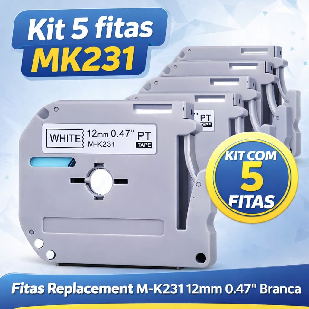 Kit 5x Fita Compatível MK 231 Branca 12mm x 8m Rotulador Pt-70 Pt-80 Pt-90