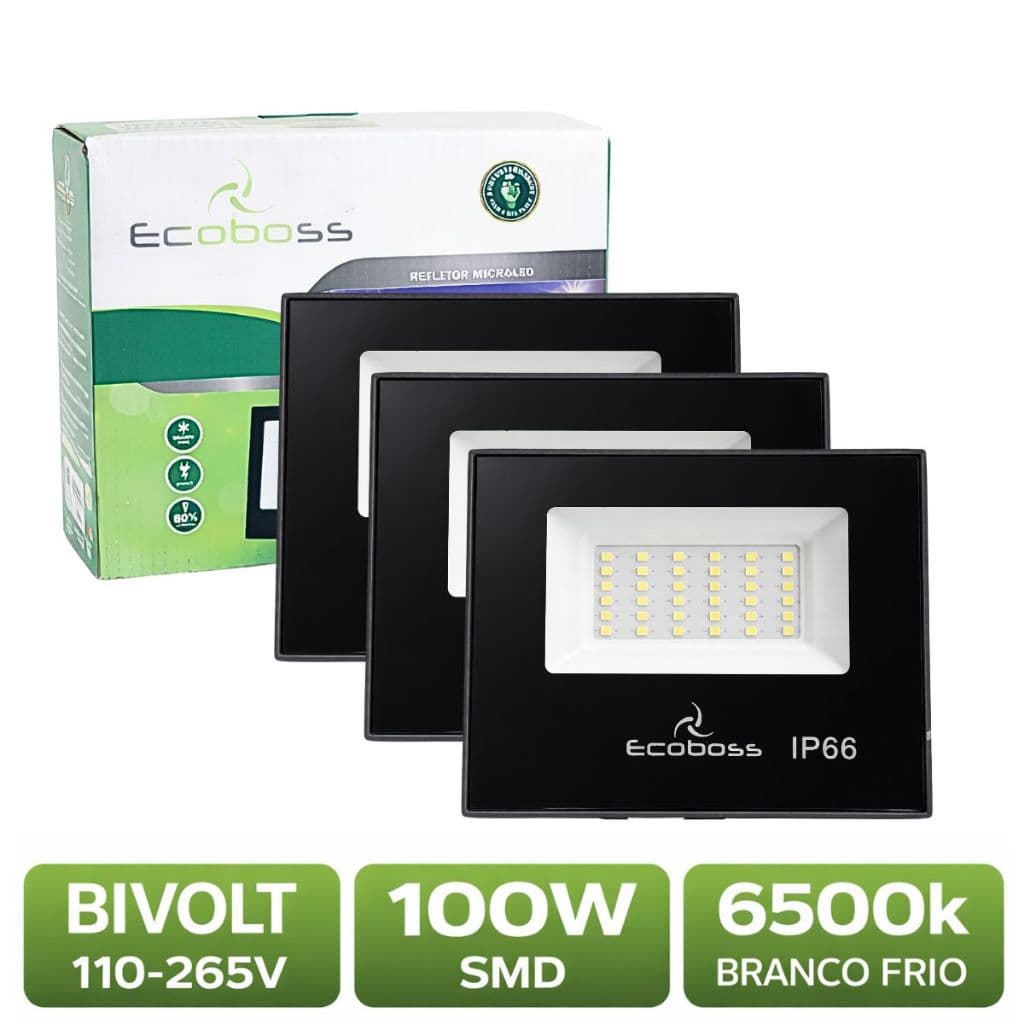 Kit 3 Refletores Holofote LED 100W | SMD Branco-Frio Proteção IP66 Bivolt - Ecoboss