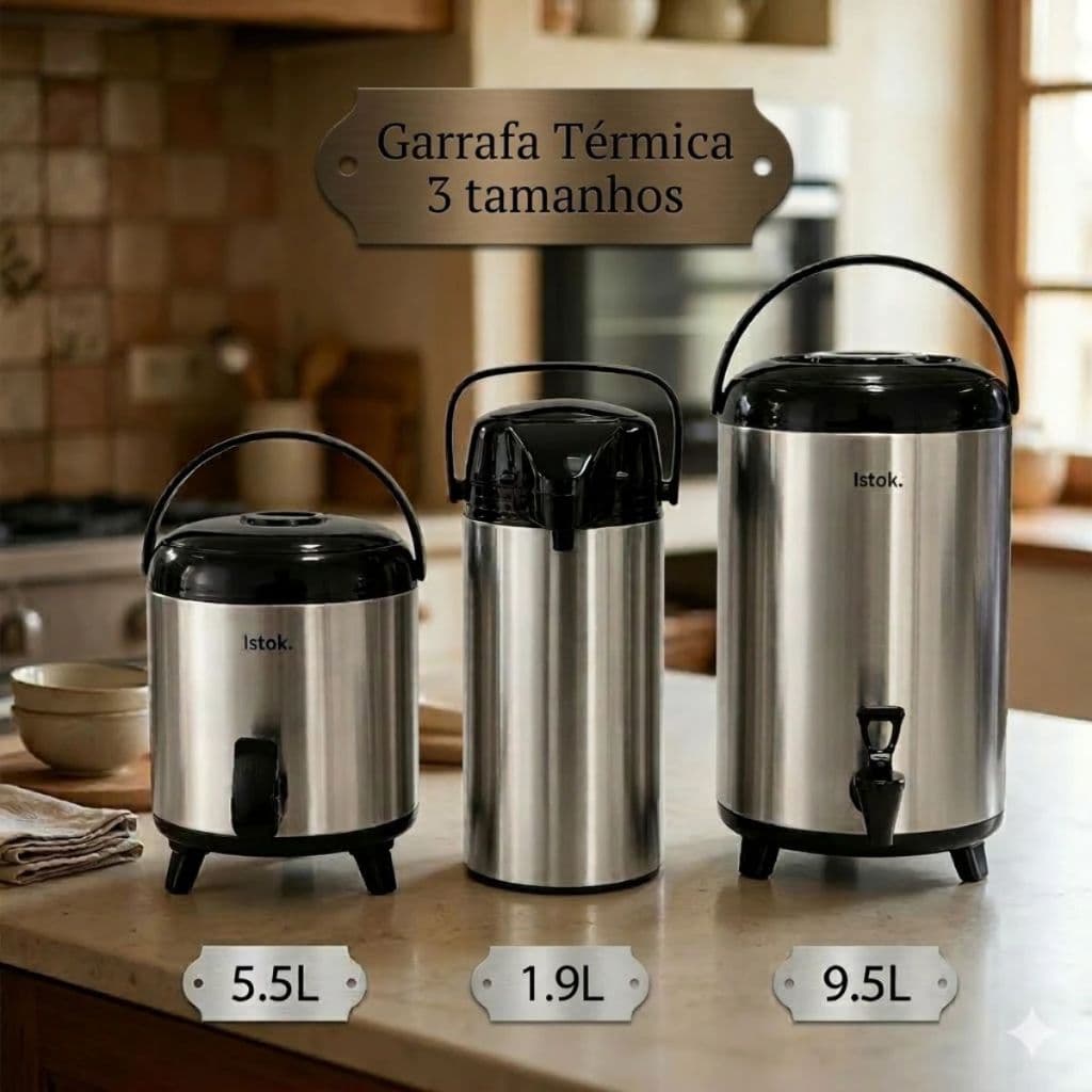 Garrafa Térmica Inox 1.9, 5.5, 9.5 Litros Isolamento Térmico Alta Durabilidade Café Leite Chá