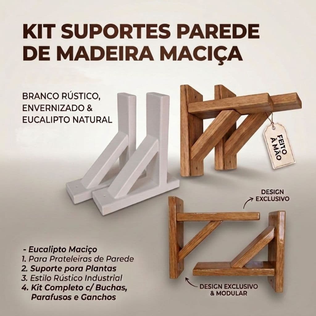 Kit Suporte Parede Madeira P/ Prateleira e Planta, Mão Francesa Reforçada Comprimentos 20 cm e 25 cm