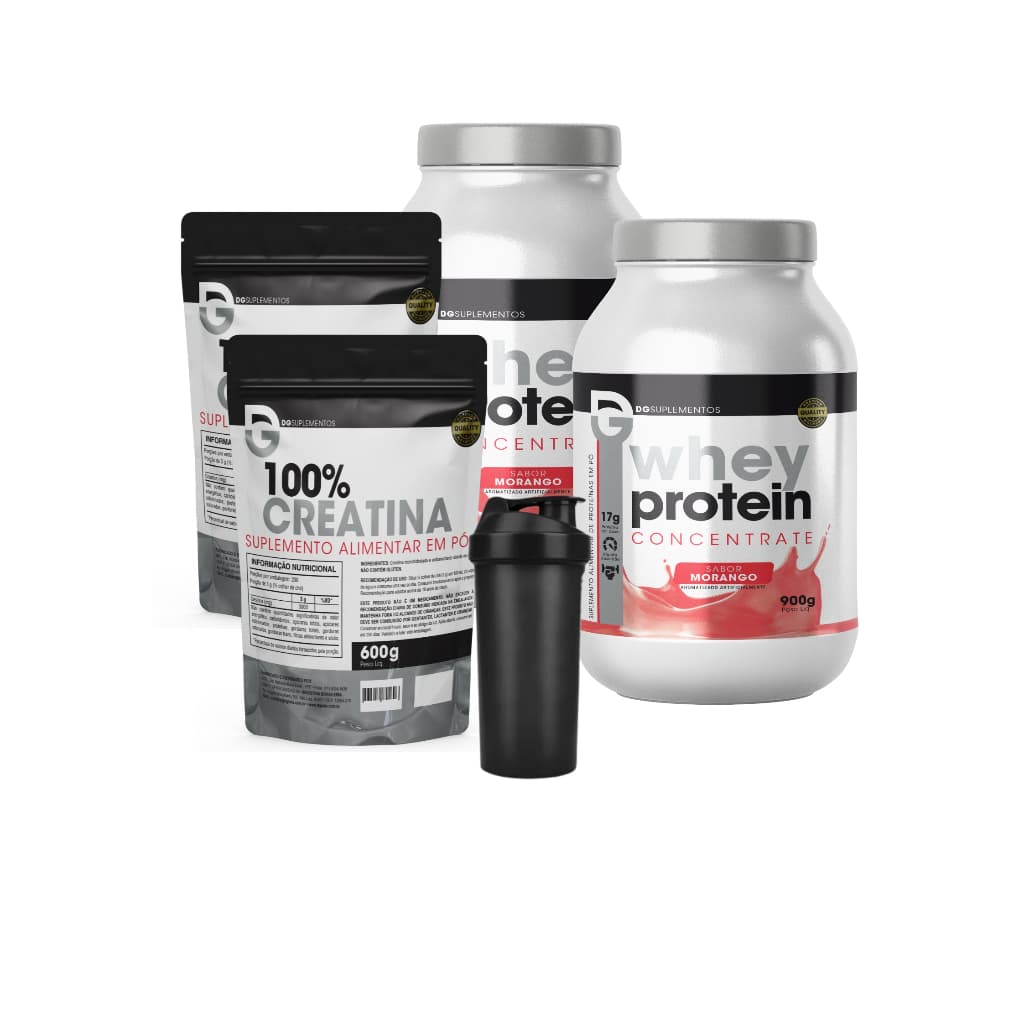 Kit 2x Whey Protein Concentrado 900g + 2x 100% Creatina Pura 600g + Coqueteleira - DG Labs