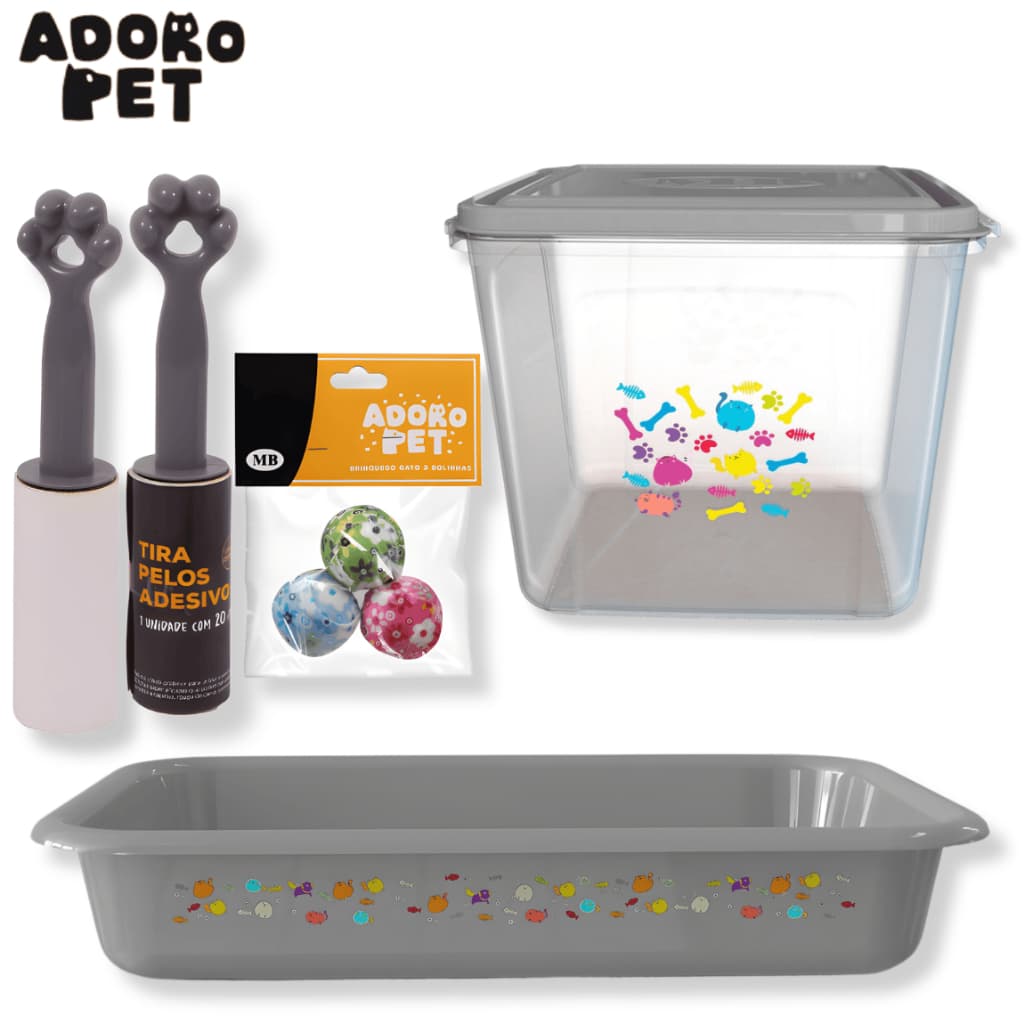 Kit Caixa de Areia para Gatos Completo com Acessórios Porta Ração Tira Pelos e Bolinhas