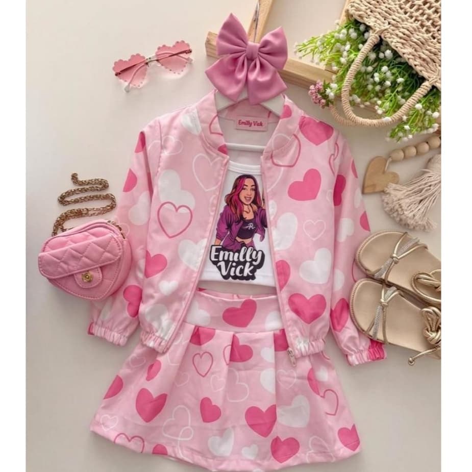Conjunto Luxo Infantil Jaqueta Bomber + Saia Plissada e Cropped Exclusivo O Look Perfeito Para Pequenas