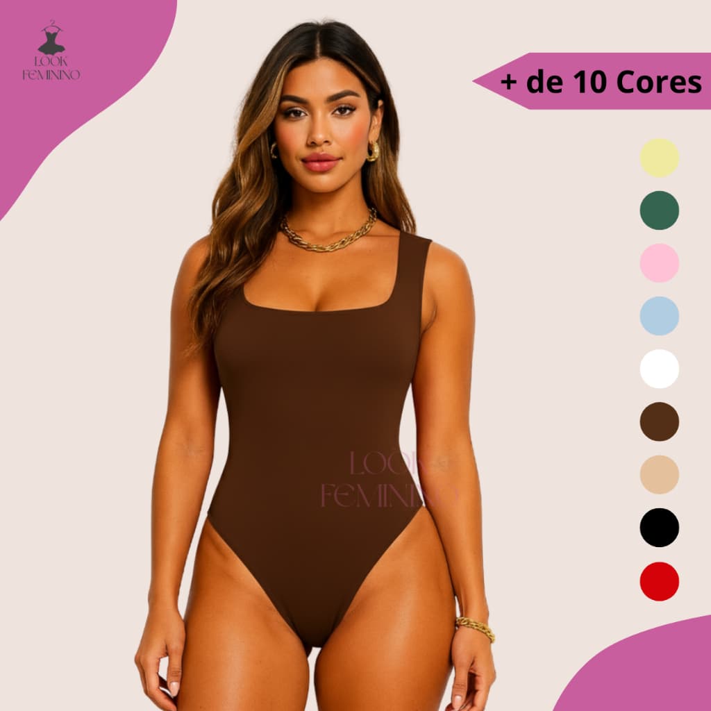 Body Collant Feminino Decote Quadrado Alça Grossa Forro Duplo Suplex Basico Elegante