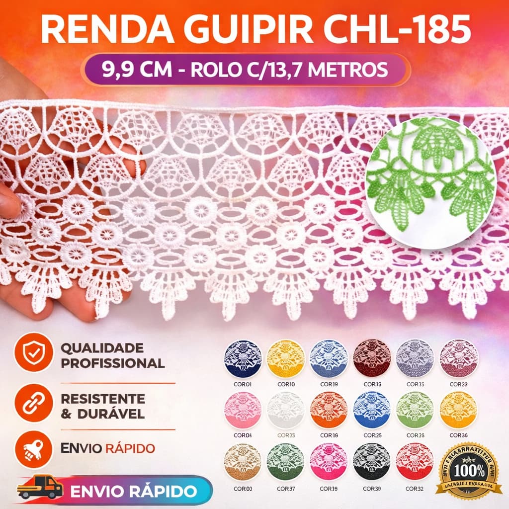 RENDA GUIPIR CHL-185 9.9 CM -  ROLO C/13.7 METROS