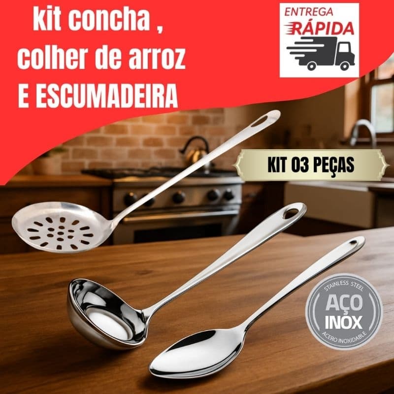 Colher De Arroz Concha Escumadeira Aço Inox KIT 3 Utensílios