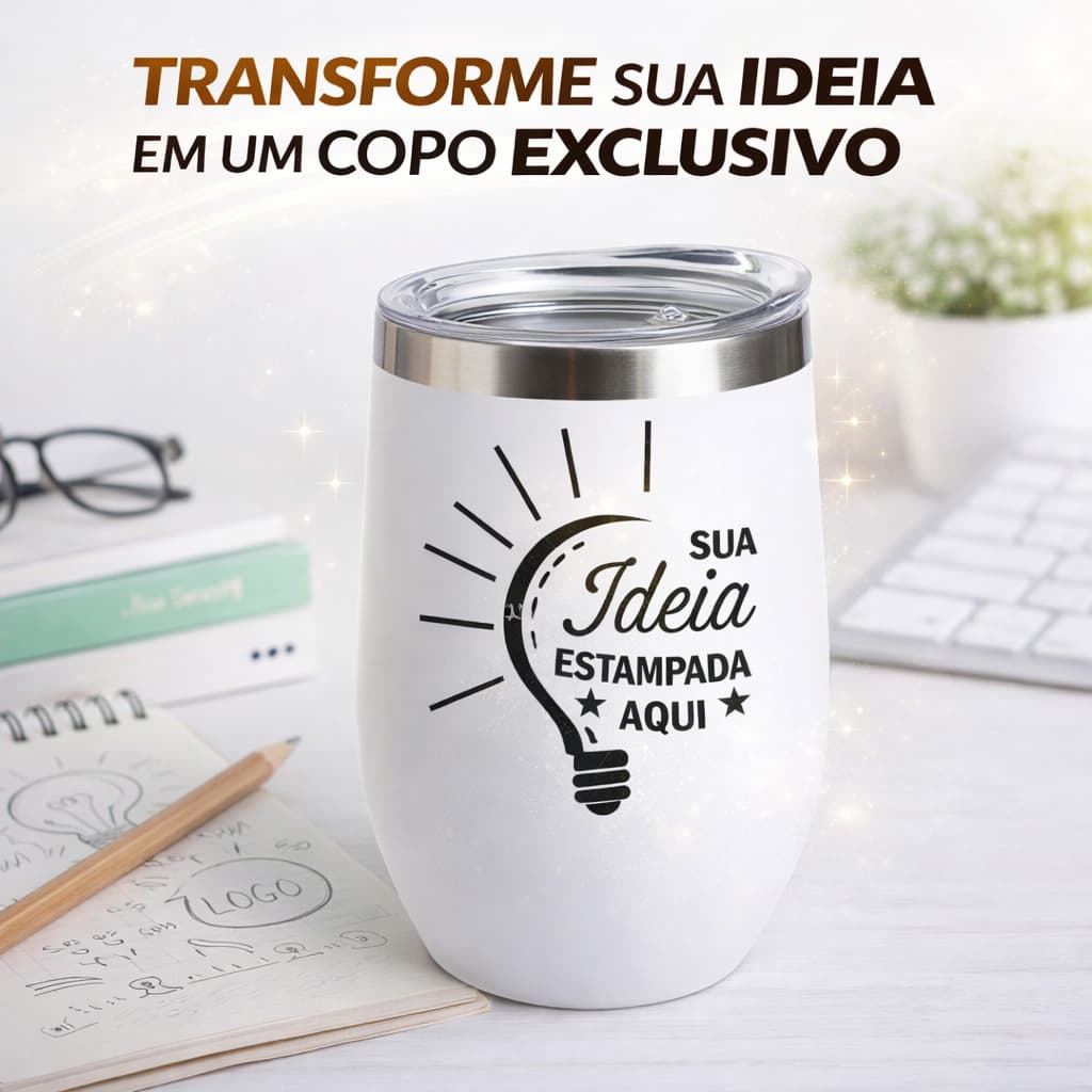 Copo Térmico Inox 360ml - Personalizado com Tampa Antivazamento Branco Água Suco Quente e Frio  Gelo