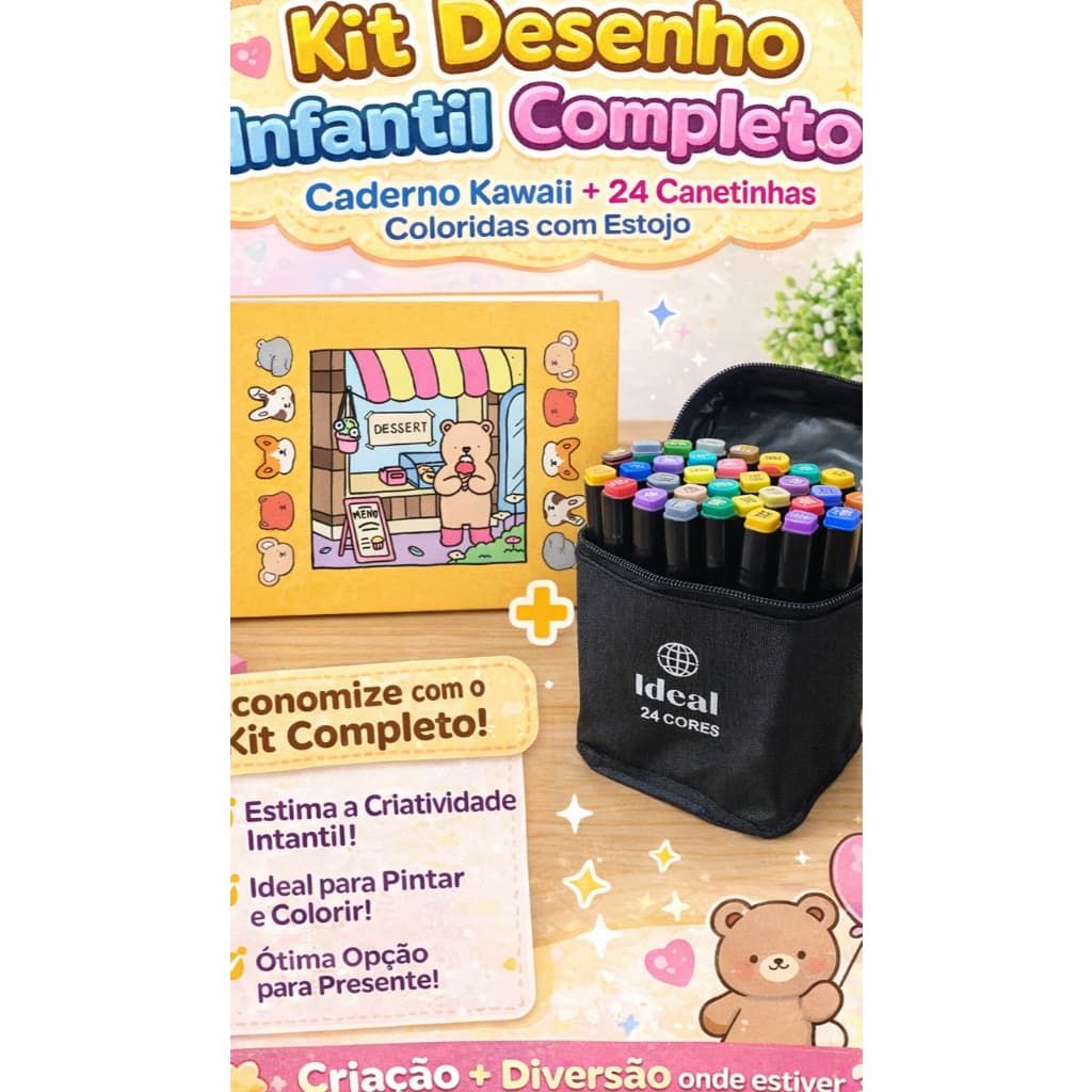 Kit Desenho Infantil Completo – Caderno Kawaii + 24 Canetinhas Coloridas com Estojo