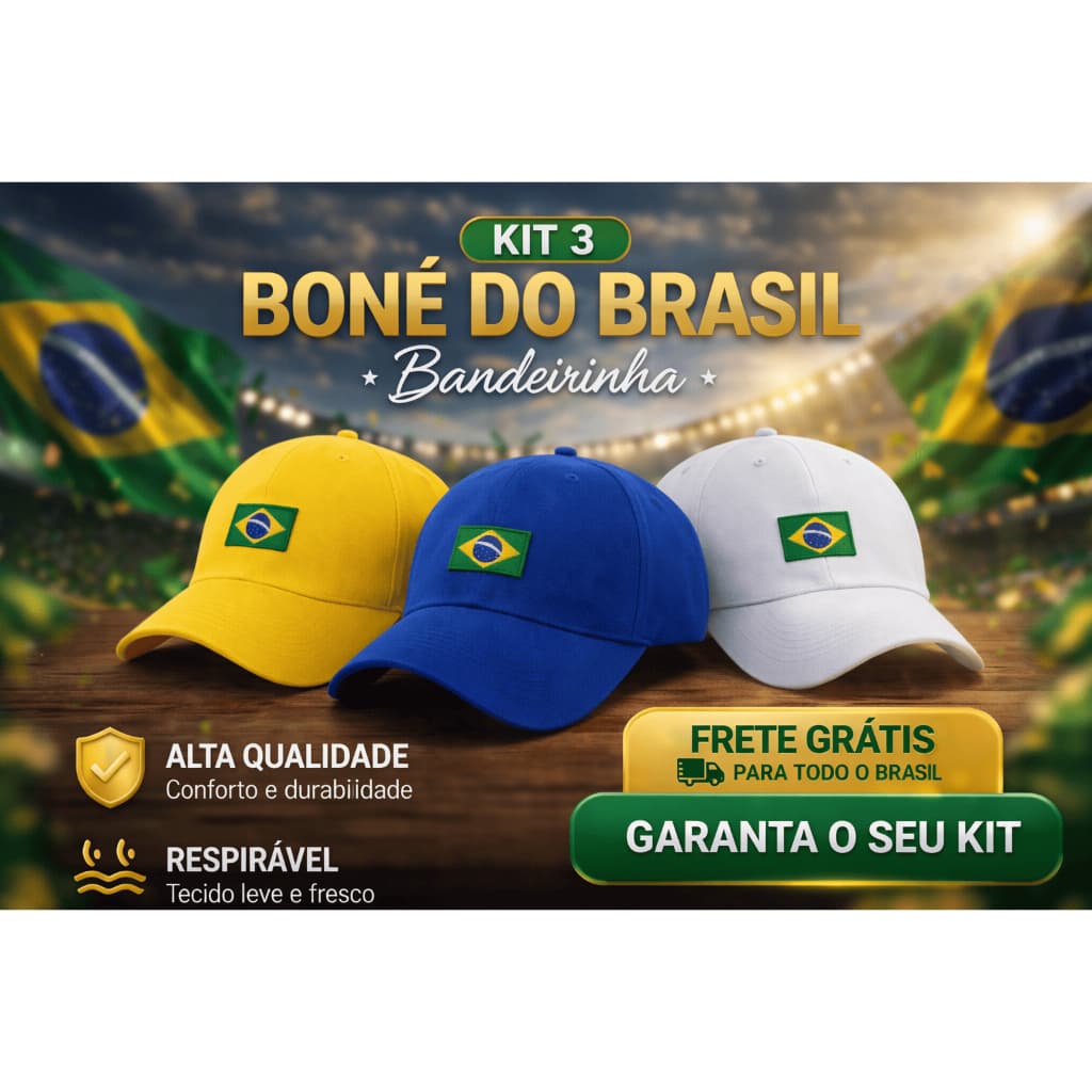 Kit 3 Bonés Bandeirinha Brasil Bordado Unissex Ajustavel Dia a Dia Academia