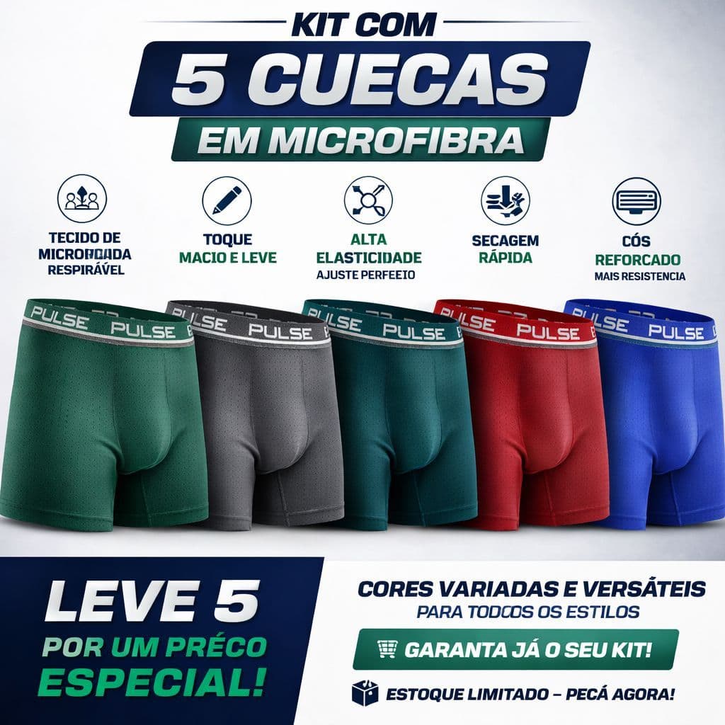 Kit 5 Cuecas Boxer Masculina Adulto Lisa Cueca Box Microfibra Premium