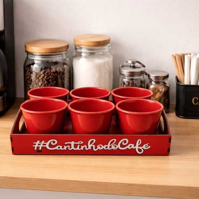 Ki 6 Xicaras e Bandeja VERMELHA cantinho do café