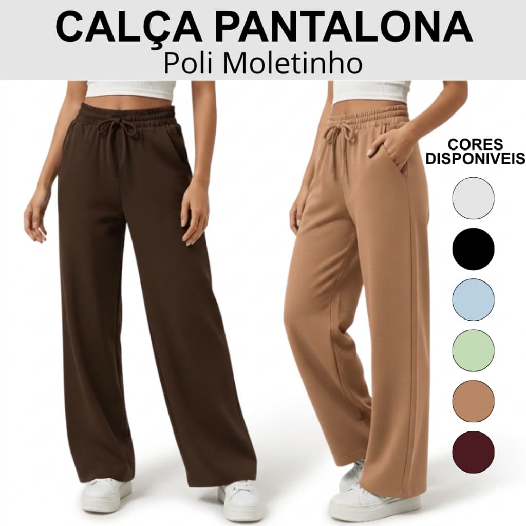 Calça Pantalona Moletinho Feminina com Bolso Cintura Elástica