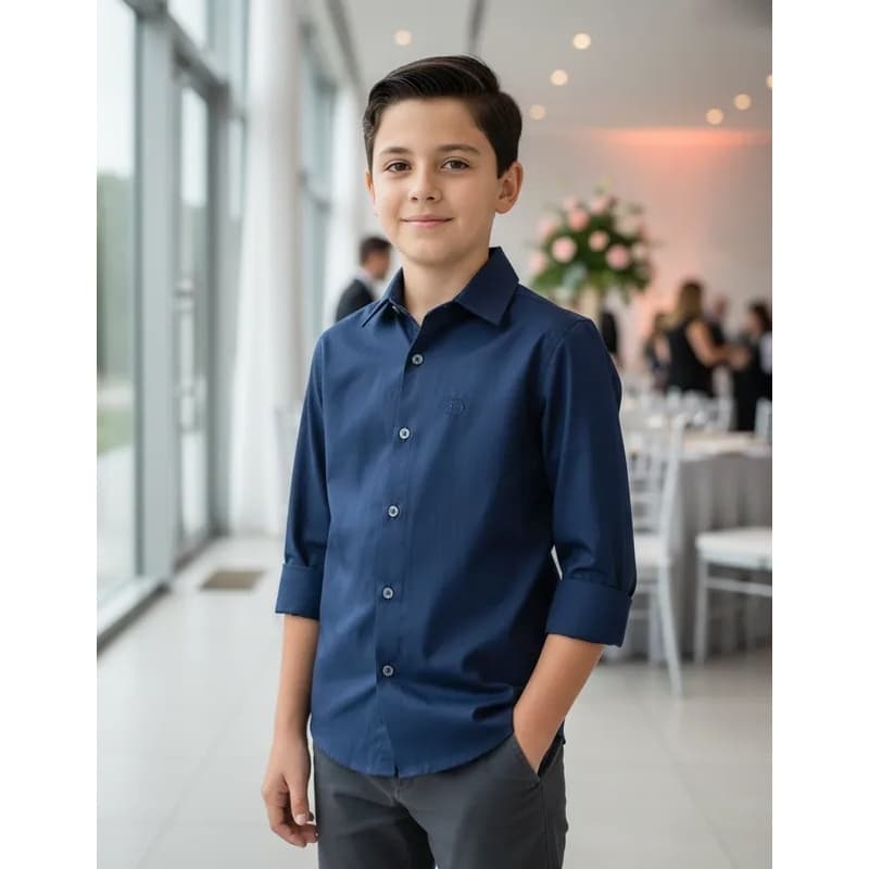 Camisa Social Infantil Manga Longa Azul Marinho Para Menino