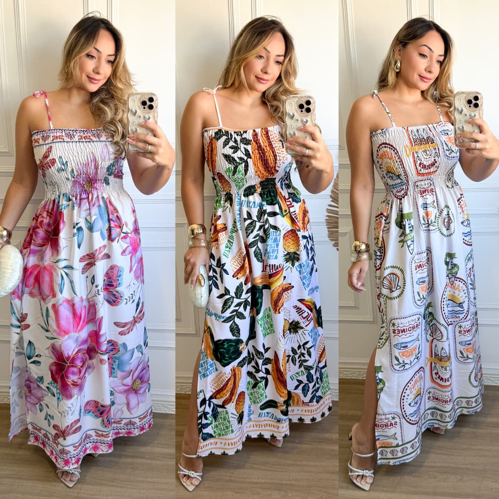 Vestido longo femenino tomara que caia con alcas y fenda lateral
