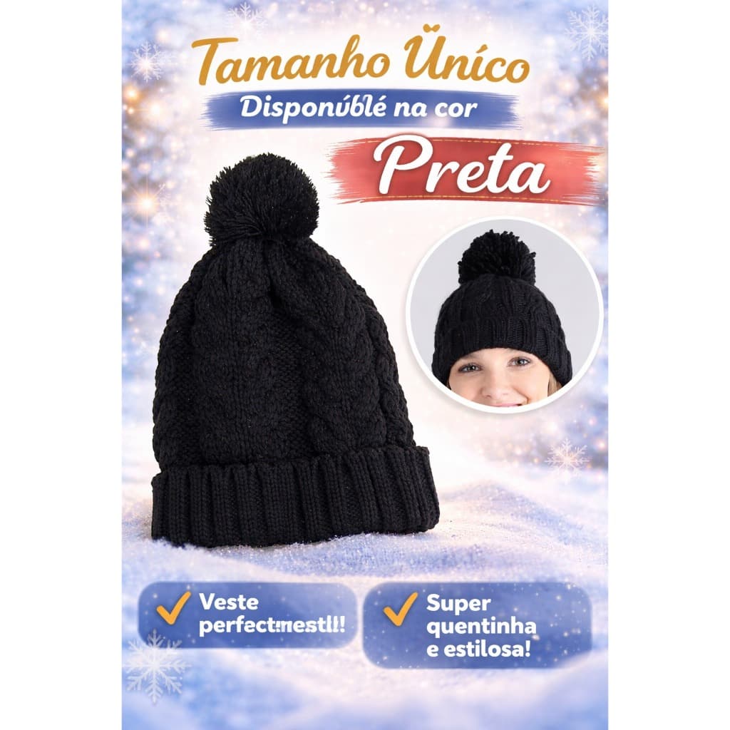 Touca De Frio Com Pompom Preta Gorro De Lã Tricot Inverno Acessório p/ neve tamanho único poliéster