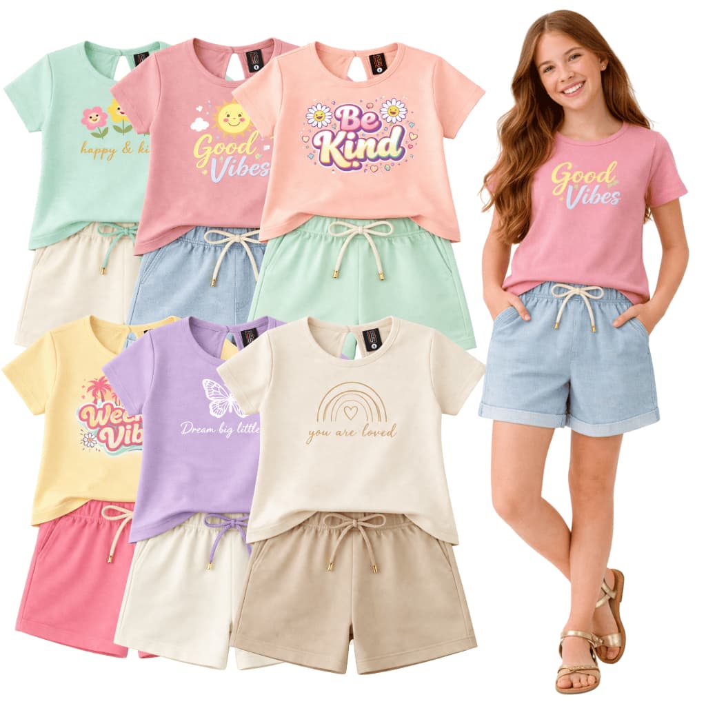 Kit 10 Peças 5 Conjuntos Juvenil Menina Camiseta Shorts Roupa Verão l Tamanho 10 ao 16