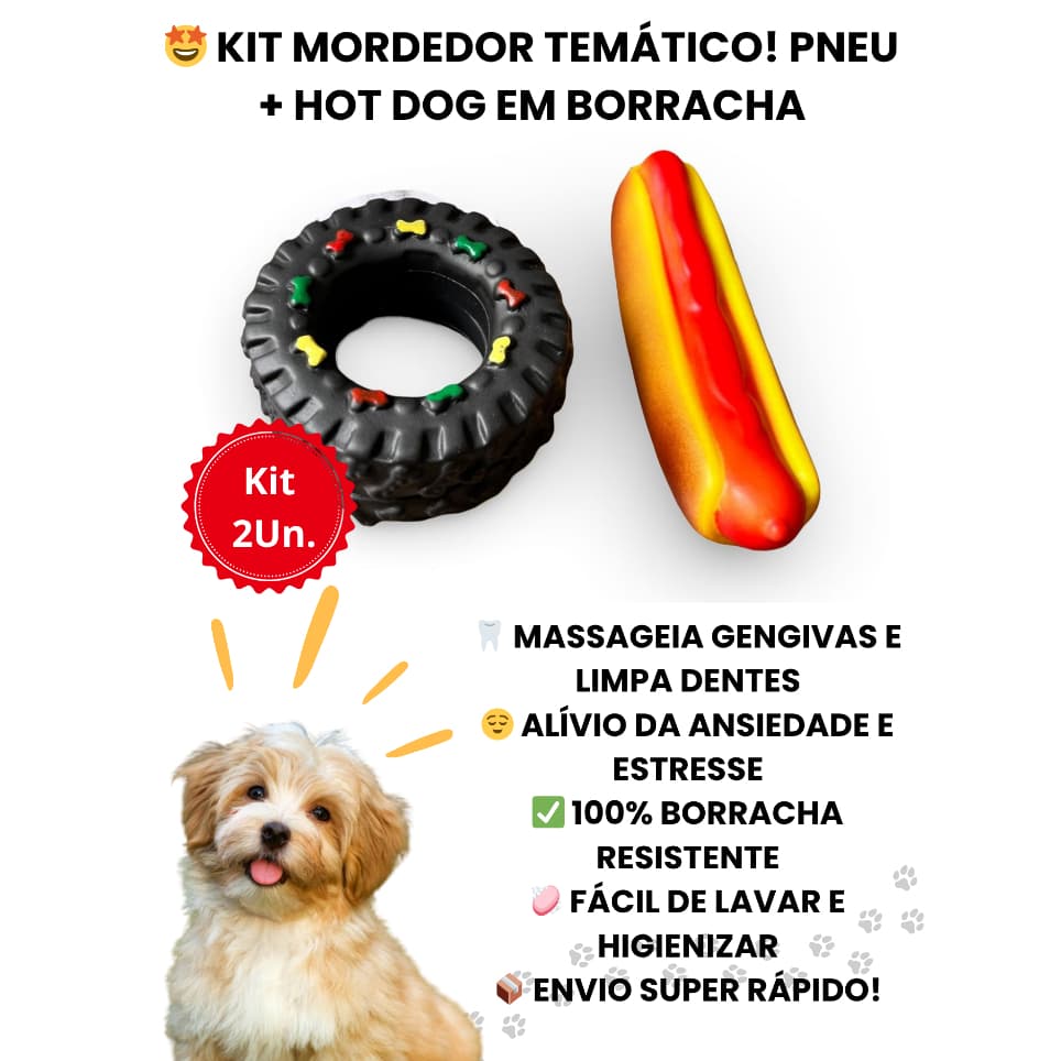 2 Brinquedos Mordedores Pet Pneu Resistente + Hot Dog Borracha Macia Cães Pequeno Médio Porte