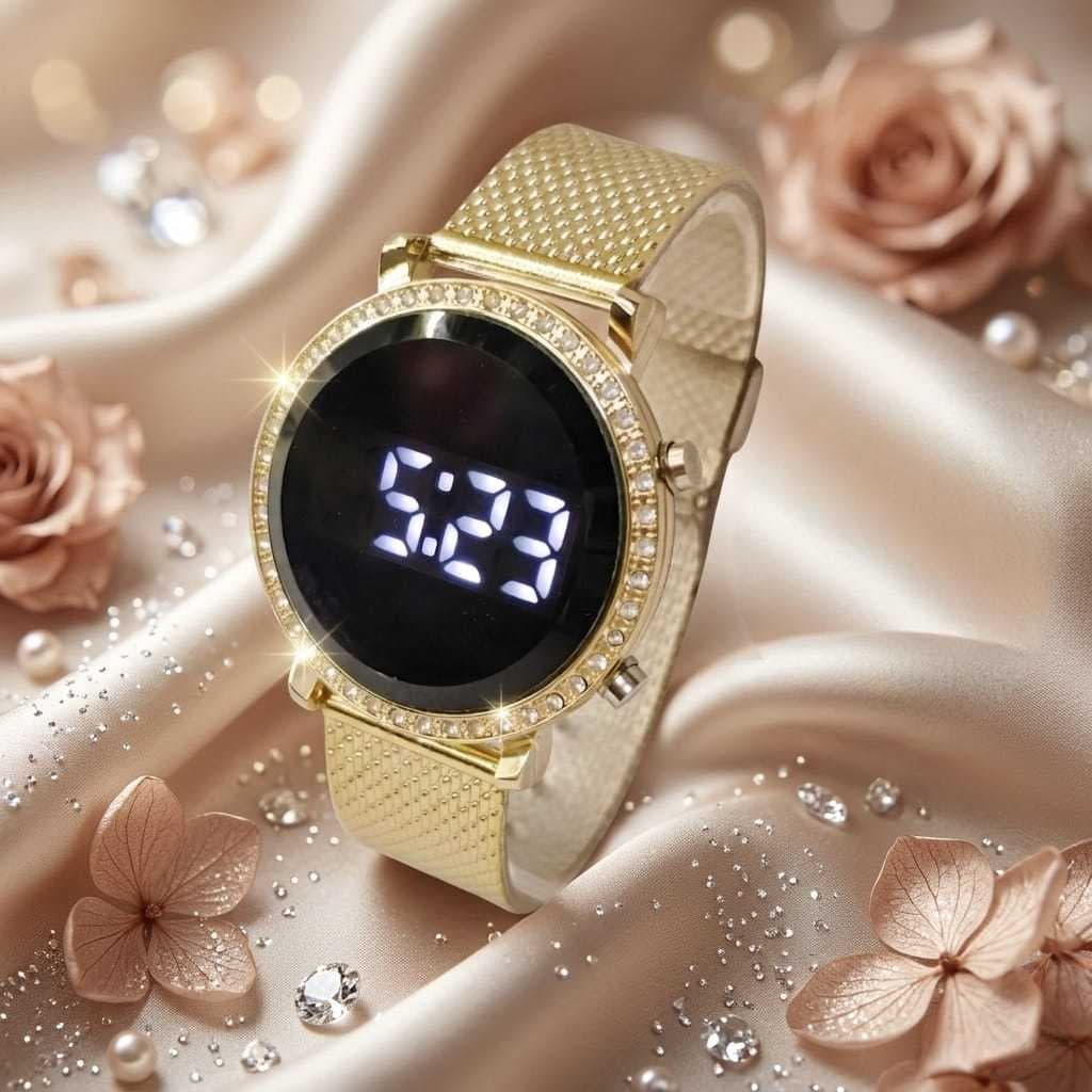 Relógio feminino led digital redondo com pedra