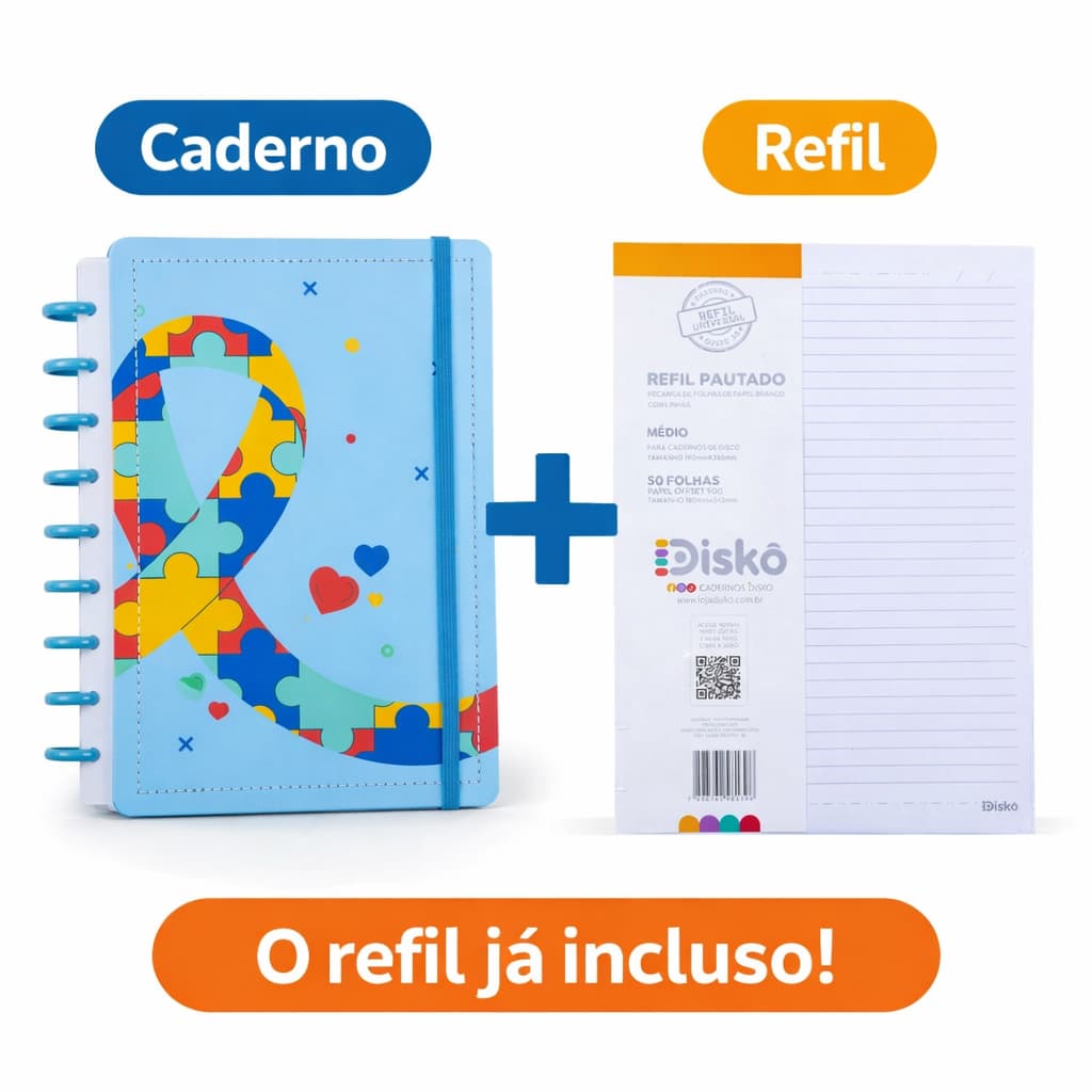 Caderno Inteligente Autismo Fofo + Refil Extra - A5 Capa Dura 80 Folhas Fichário Escolar Refilável