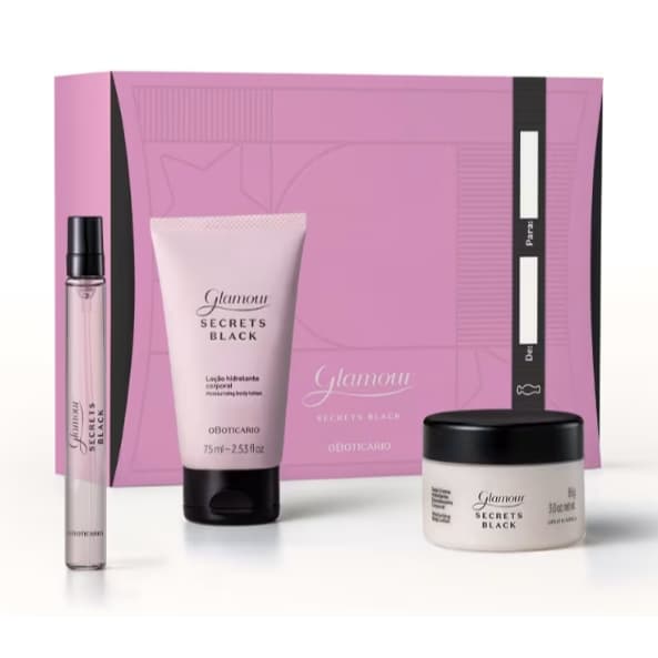 KIT PRESENTE GLAMOUR SECRETS BLACK (COLÔNIA 10 ML+CREME PRAS MÃOS 50 G+HIDRATANTE 85 G)