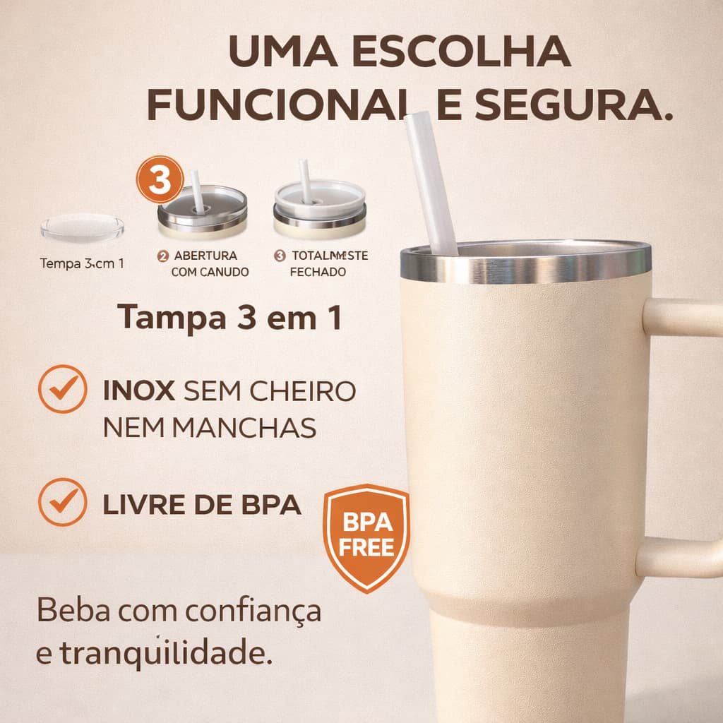 Copo Térmico 1200ml Inox com Alça e Canudo Bege