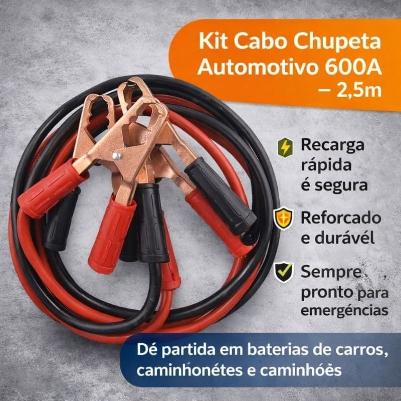 Cabo Chupeta Automotivo 600A – 25 Metros Reforçado Inoxidável Seguro para Recarga de Bateria