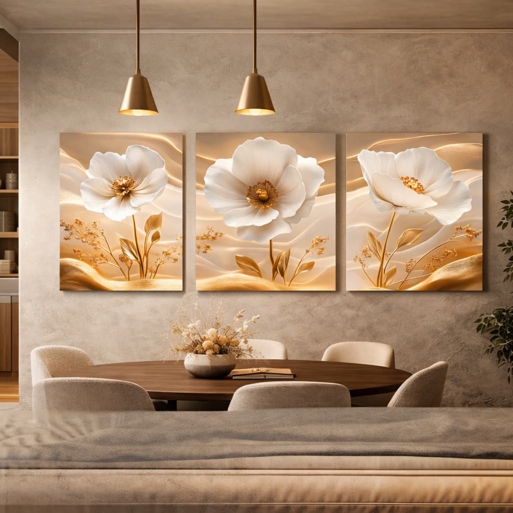 Quadro Decorativo 3 Peças Flores Douradas e Brancas Sofisticadas Delicada Clean Moderno Sala Quarto
