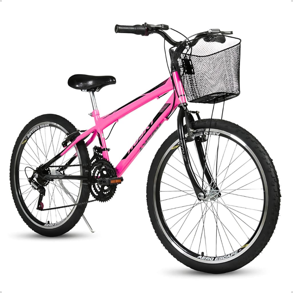 Bicicleta Aro 24 Feminina 18 Marchas Menina Rosa com Cesta Husky
