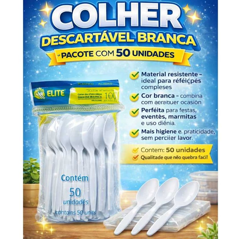 Colher Descartável Branca Reforçada Pacote Colheres 50UN Descartáveis para Festas e Eventos