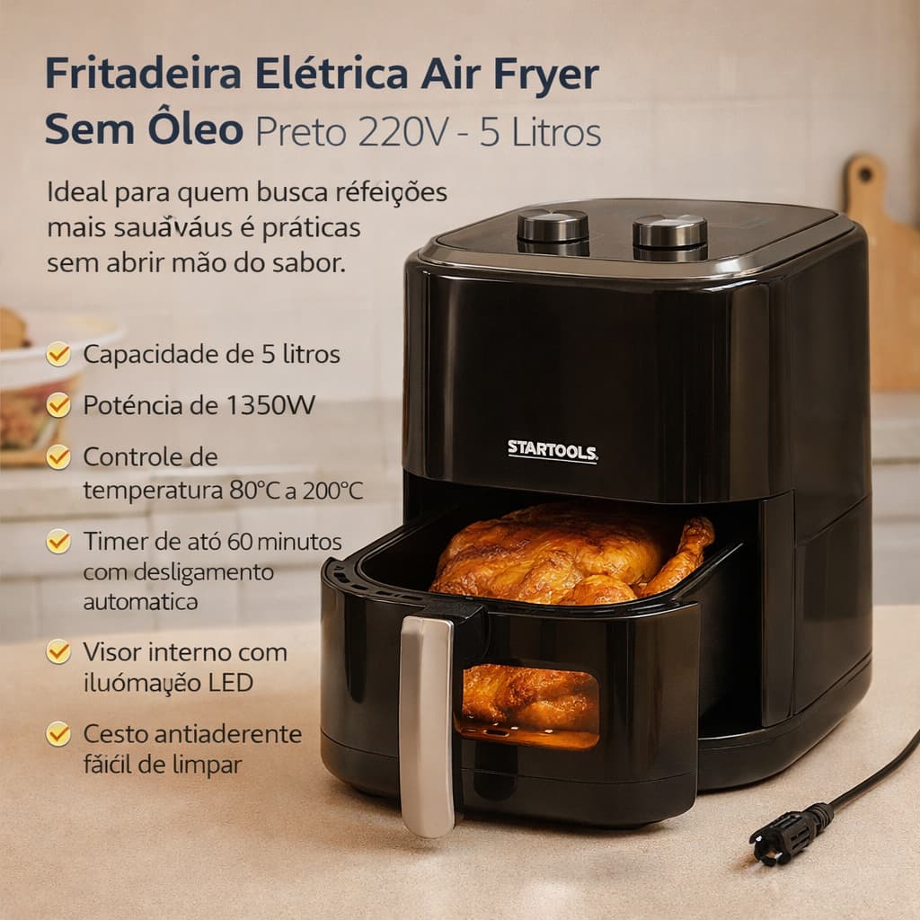 Fritadeira Air Fryer Preta 5L Elétrica Sem Óleo Saudável Timer Cozinha Moderna Rápida