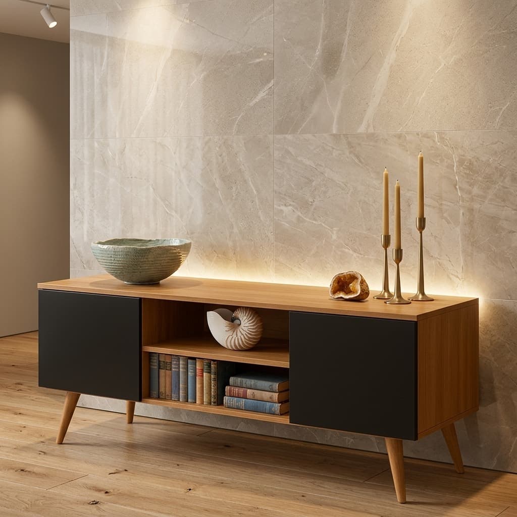 QUEIMA DE ESTOQUE - Rack para Sala de Estar com 2 Portas, Prateleira e Pés Palito - Estilo Retrô