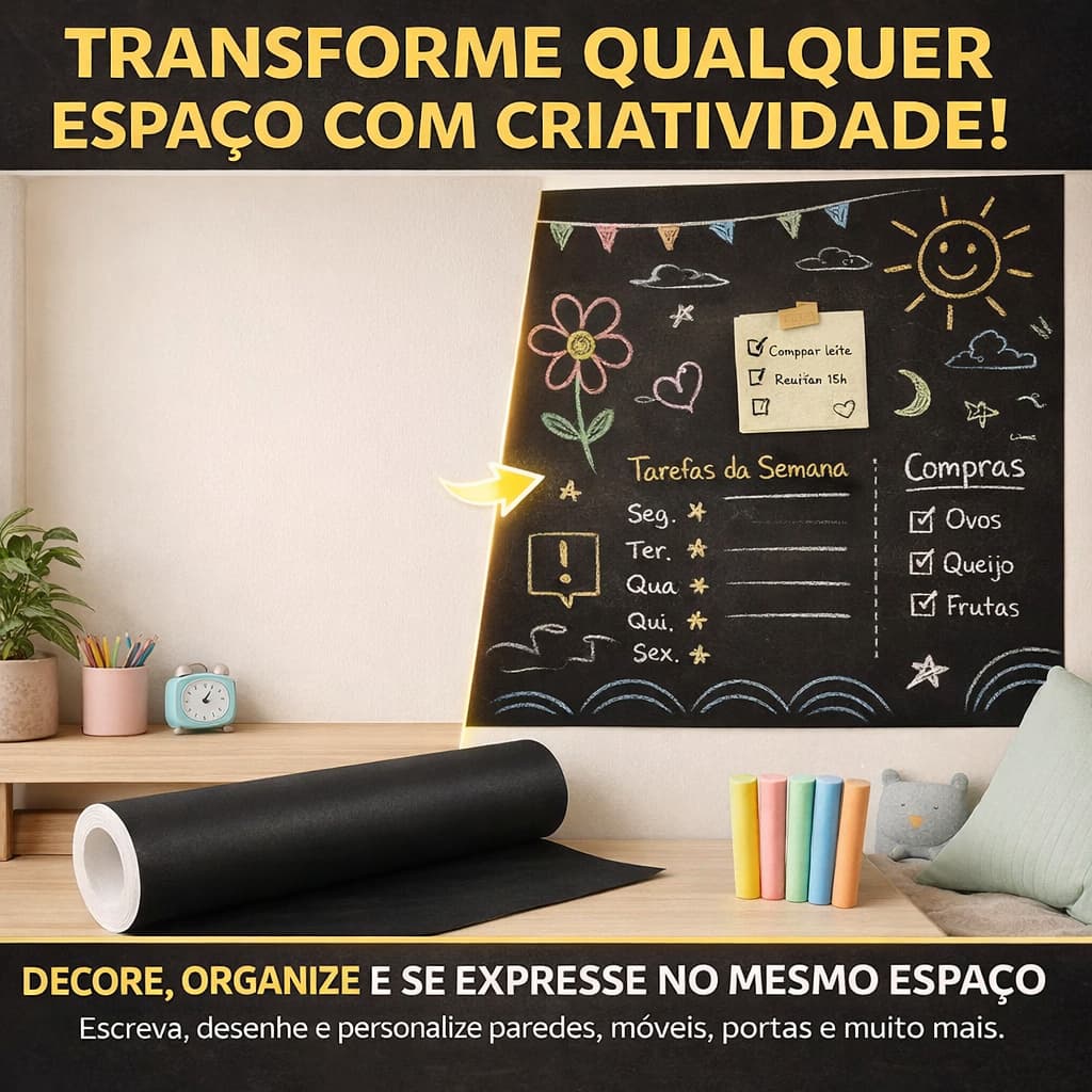 Papel de Parede Autoadesivo PVC Quadro Negro Lousa Com 5 Giz Coloridos Apagável 2 Metros x 45cm