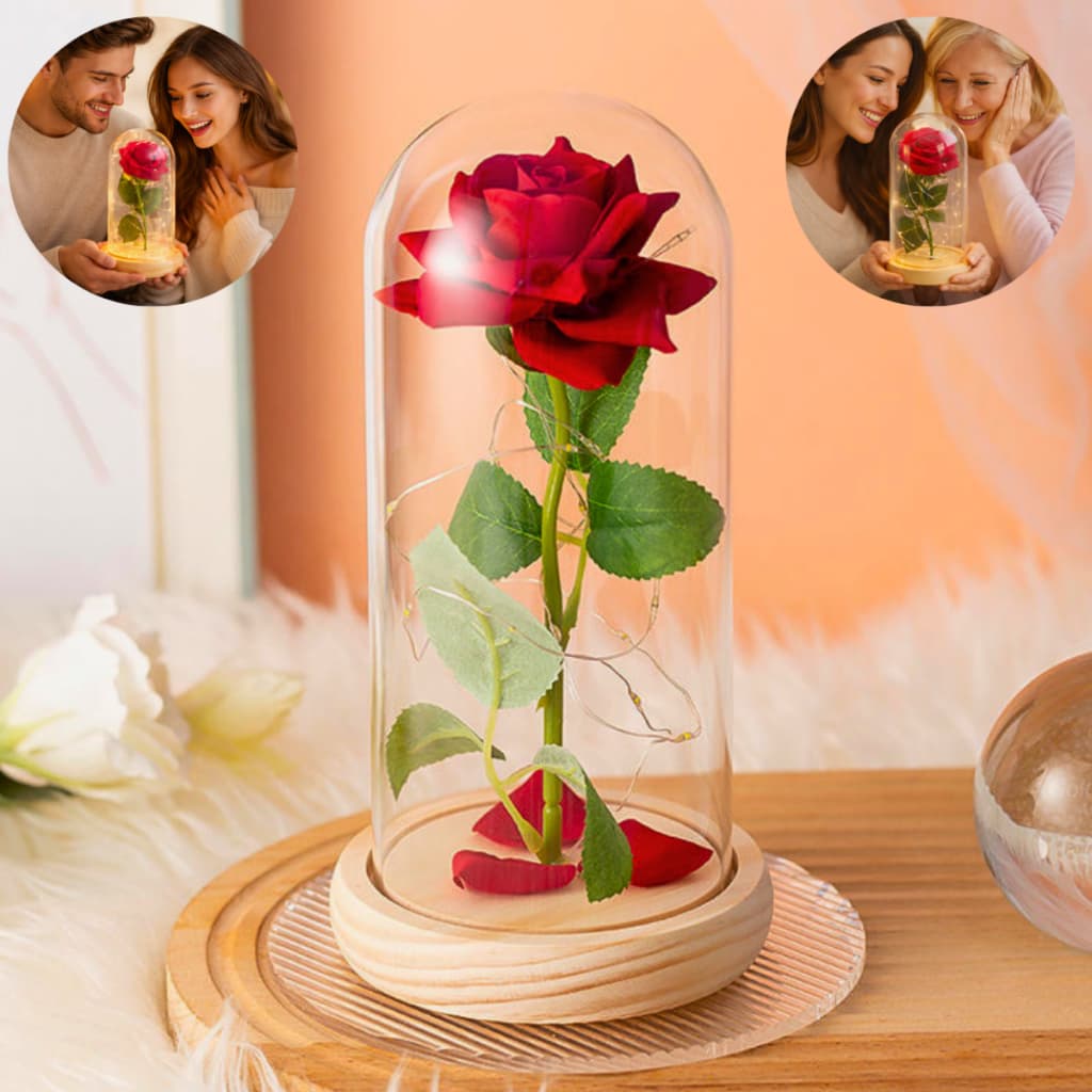 Flor Na Cúpula Rosa Encantada Artificial Luminária  Luzes Led Presente Dia Das Mães