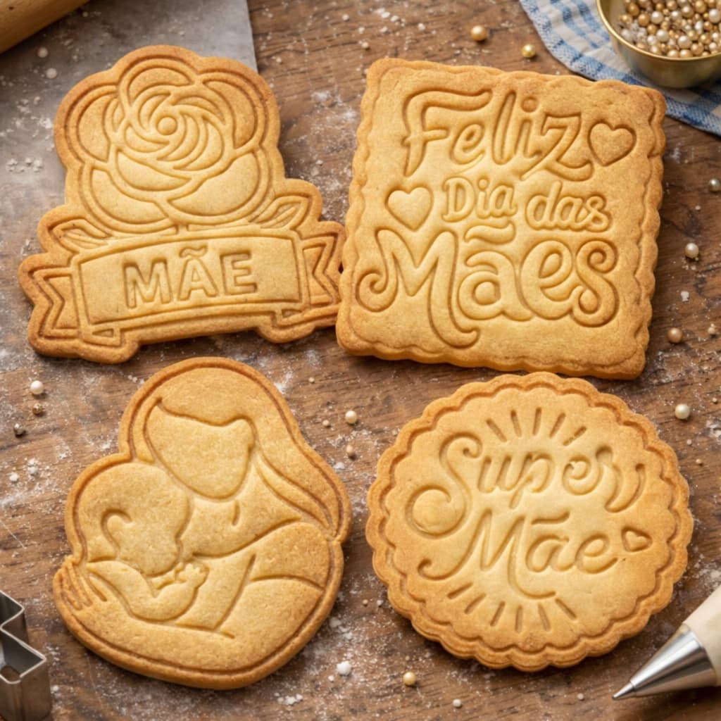 Kit 4 Cortadores de Biscoito Marcador Molde Feliz Dia das Mães Super Mãe Lembrancinha Carimbo Massa
