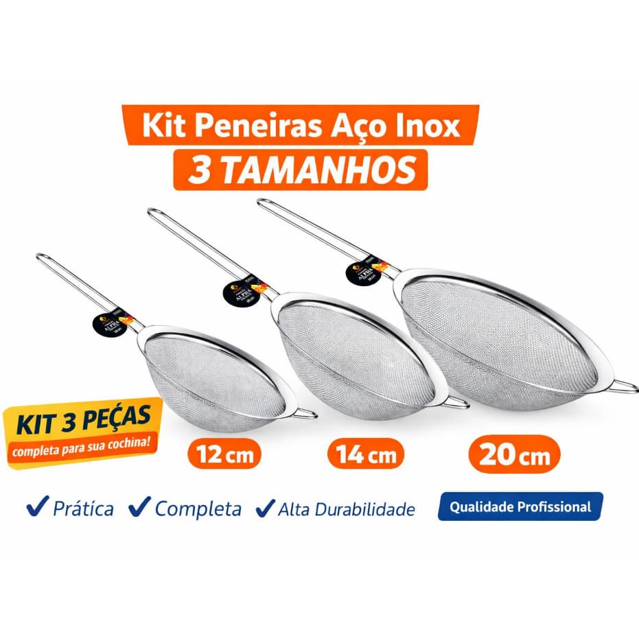 Kit 3 Peneira Coador Manual Em Aço Inox Para Cozinha 12cm 14cm 20cm