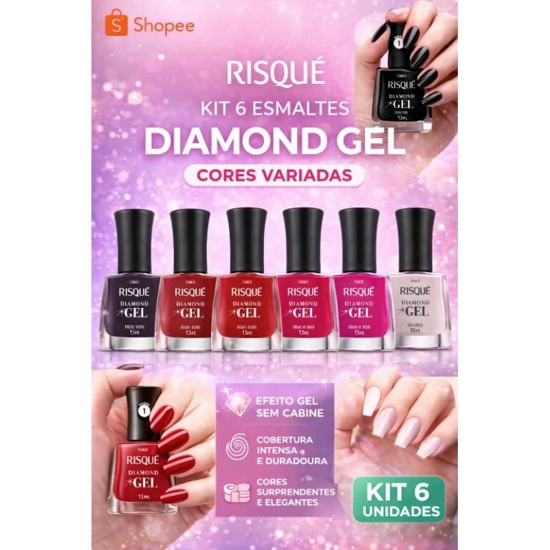 KIT 6 ESMALTES RISQUÉ DIAMOND GEL – CORES VARIADAS