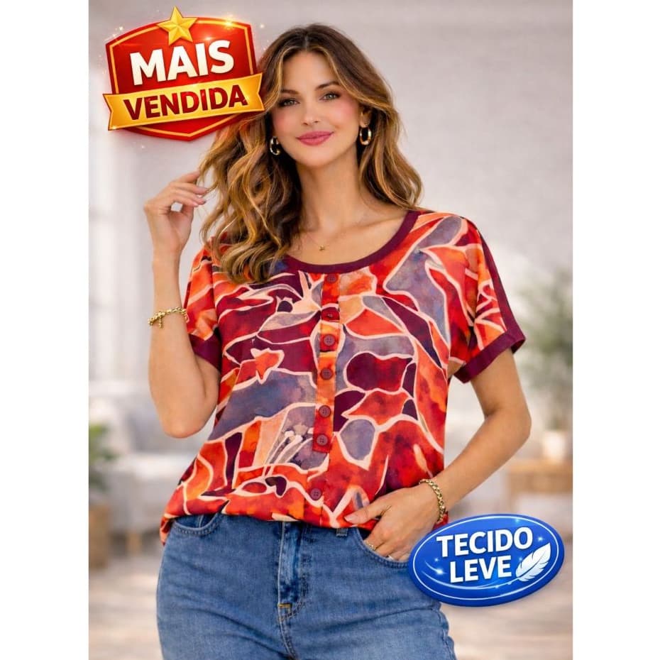 Blusa feminina manga curta com botões/estampa abstrata/tecido leve, confortável/mais vendida