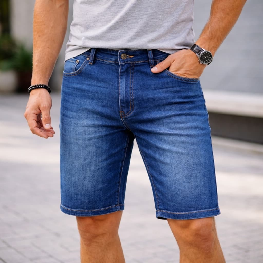 Bermuda Jeans Azul Escura Masculina c/ Elastano Slim Fit Algodão Confortável Efeito Lavagem Estonada Desgastada Estilosa