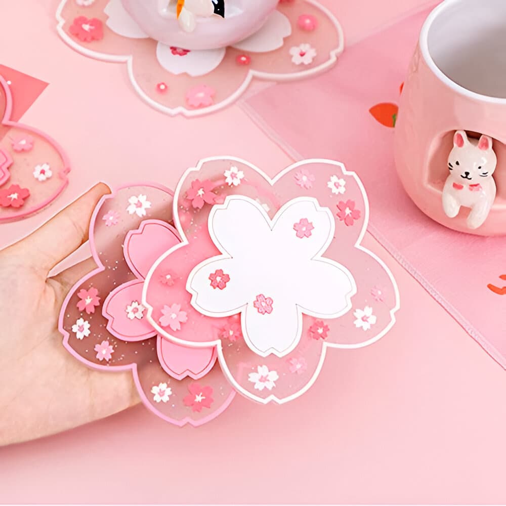 Porta Copo Flor Sakura Fofo Silicone Impermeável Descanso Copos Isolamento Térmico Antiderrapante