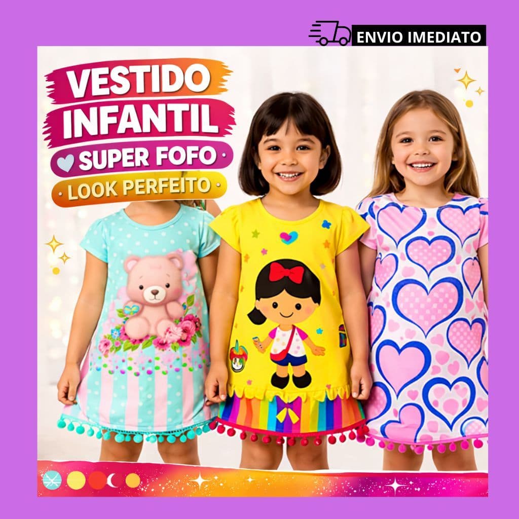 Vestido Infantil Feminino Menina Vestido Fofo Estampado Casual 4 e 6