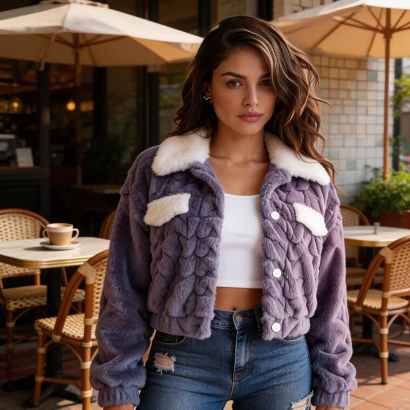 Jaqueta Feminina Teddy Texturizada Com Botões Casaco Pelinho Inverno