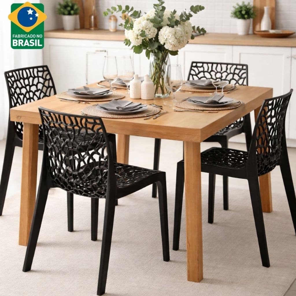 Kit 4 Cadeiras Gruvyer Design Preto Sala Cozinha Jantar Área Gourmet Empilhável