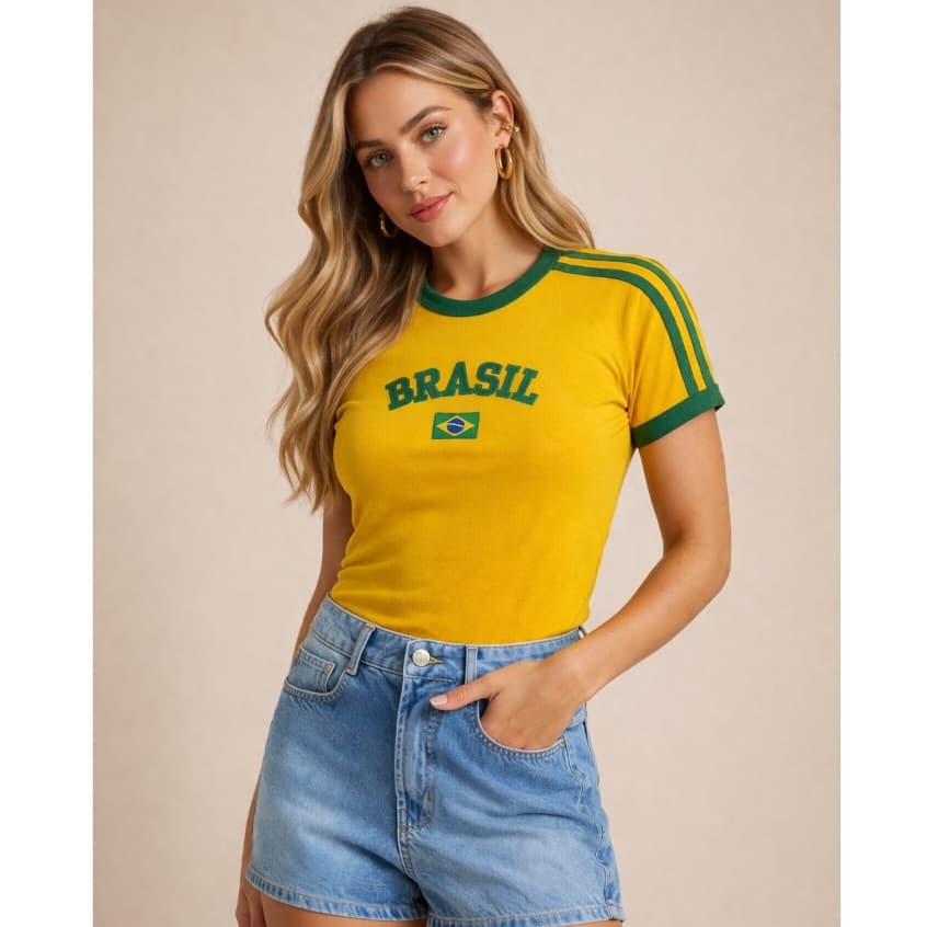 Camiseta Feminina Bandeira do Brasil PremiumTorcedor Bordada de Algodão