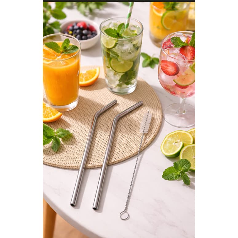 Kit Canudos Inox Reutilizáveis Curvos + Escova de Limpeza Sustentável e Durável para Bebidas Sucos Refrigerantes