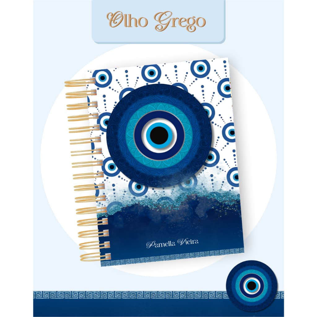 COLEÇÃO OLHO GREGO PERSONALIZADO – AGENDA + PLANNER + CANECA + BLOCO | PROTEÇÃO E ESTILO