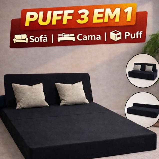 Puff Casal 3em 1 Dobrável Colchonete Espuma D15 Portátil Sofá Cama Preto
